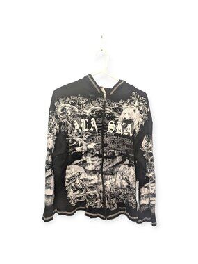Vintage Y2K Big Bang Women's Alaska Graphic Zip Hoodie Black & White Size L.